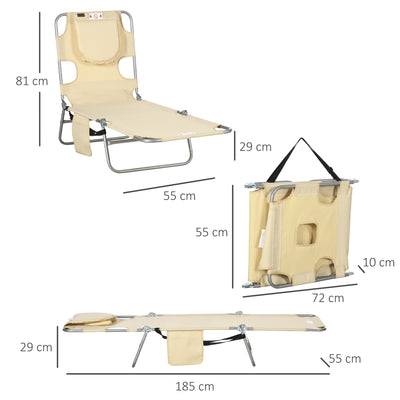 Outsunny Foldable Sun Lounger, Beach Chaise Lounge with Reading Hole, Arm Slots, 5-Position Adjustable Backrest, Side Pocket, Pillow for Patio, Garden, Beach, Pool, Beige 