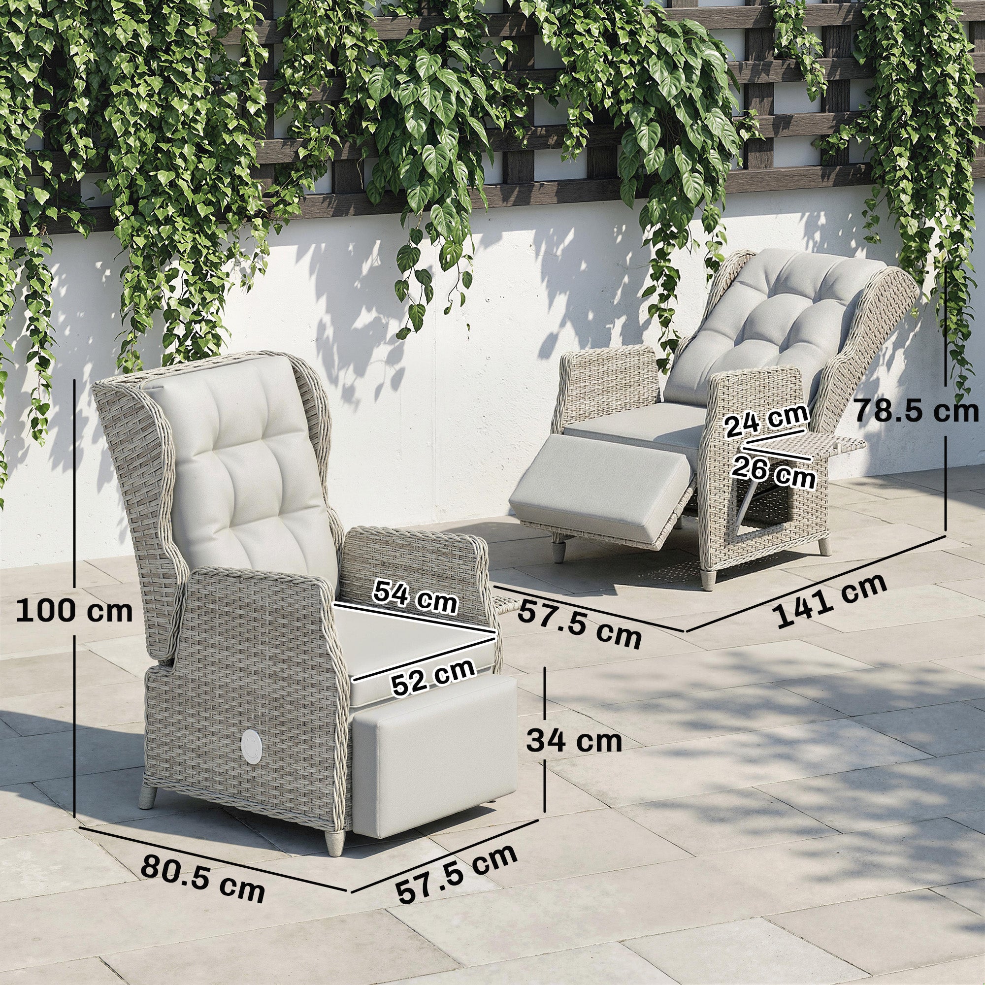 Outsunny Rattan Garden Recliner Chair, Reclining Garden Chair with Adjustable Back and Footrest, Flip Table, Cushion, Light Grey 