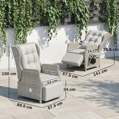 Outsunny Rattan Garden Recliner Chair, Reclining Garden Chair with Adjustable Back and Footrest, Flip Table, Cushion, Light Grey 