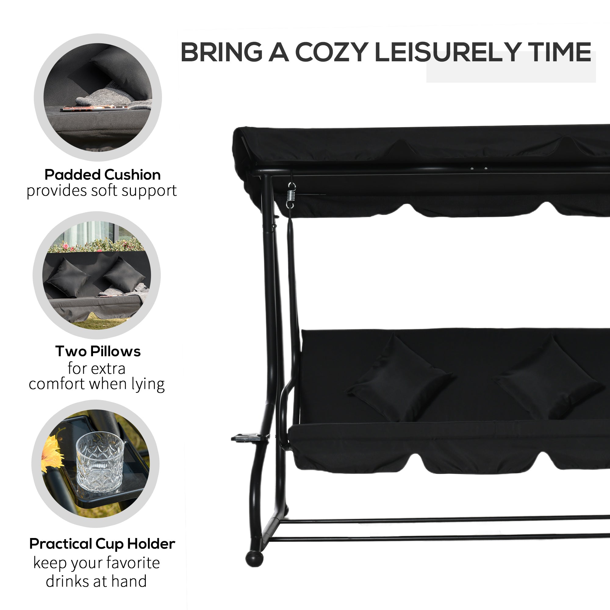 Outsunny Three-Seater Garden Swing Bed - Black 