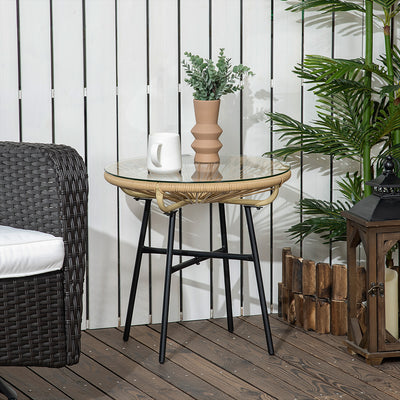 Outsunny Rattan Side Table, Round Outdoor Coffee Table, with Round PE Rattan and Tempered Glass Table Top for Patio, Garden, Balcony, Beige 