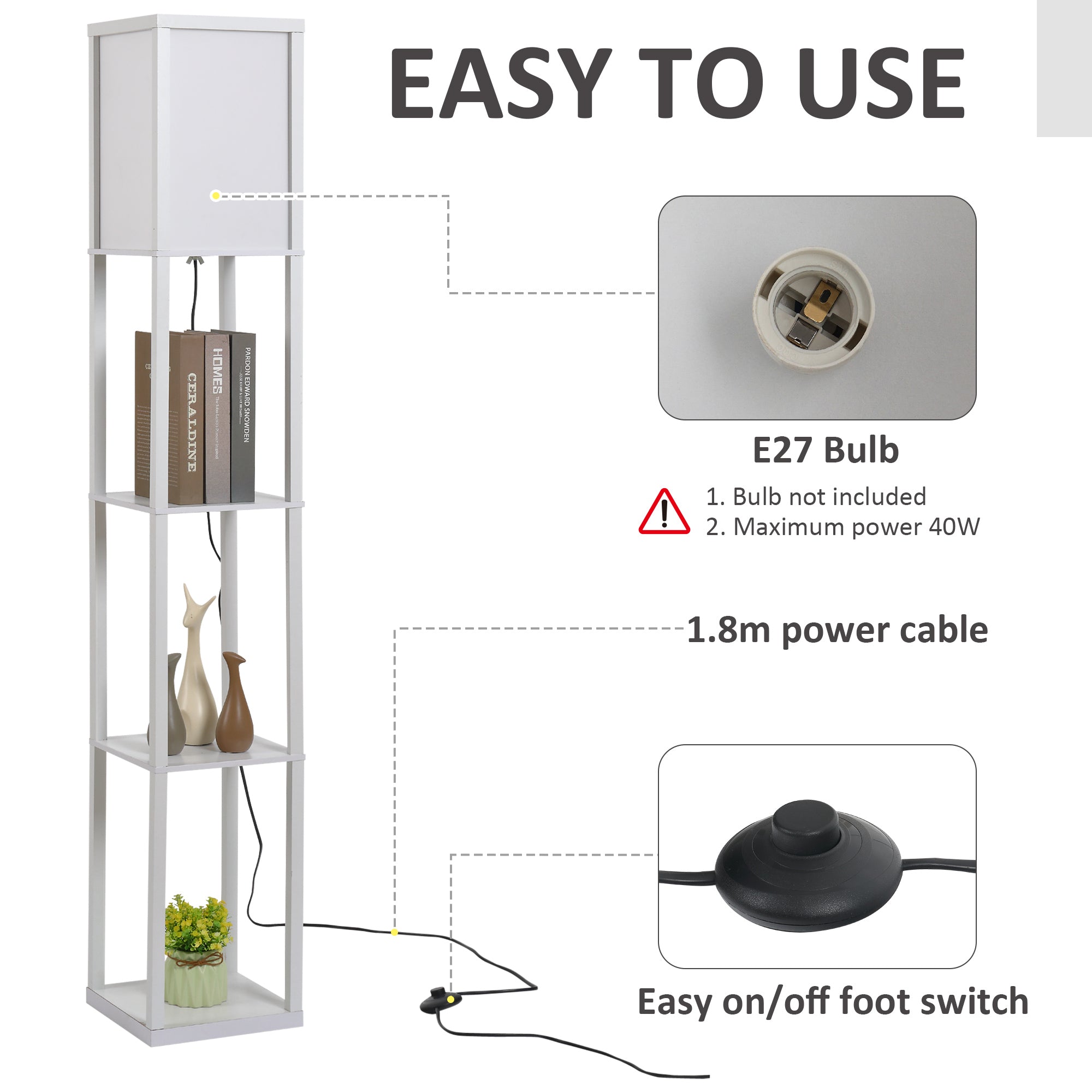 HOMCOM 3-Tier Floor Lamp, Floor Light with Storage Shelf, Reading Standing Lamp with Acrylic Shade for Living Room, Bedroom, Kitchen, Dining Room, Office, Dorm, 160cm, White 