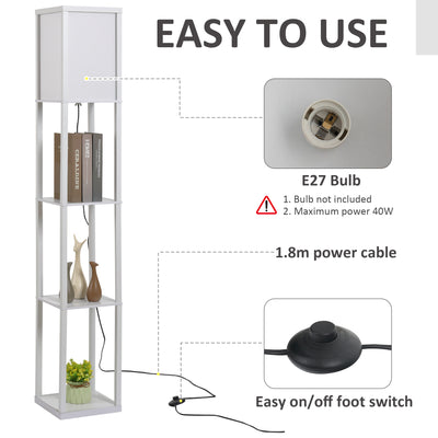 HOMCOM 3-Tier Floor Lamp, Floor Light with Storage Shelf, Reading Standing Lamp with Acrylic Shade for Living Room, Bedroom, Kitchen, Dining Room, Office, Dorm, 160cm, White 