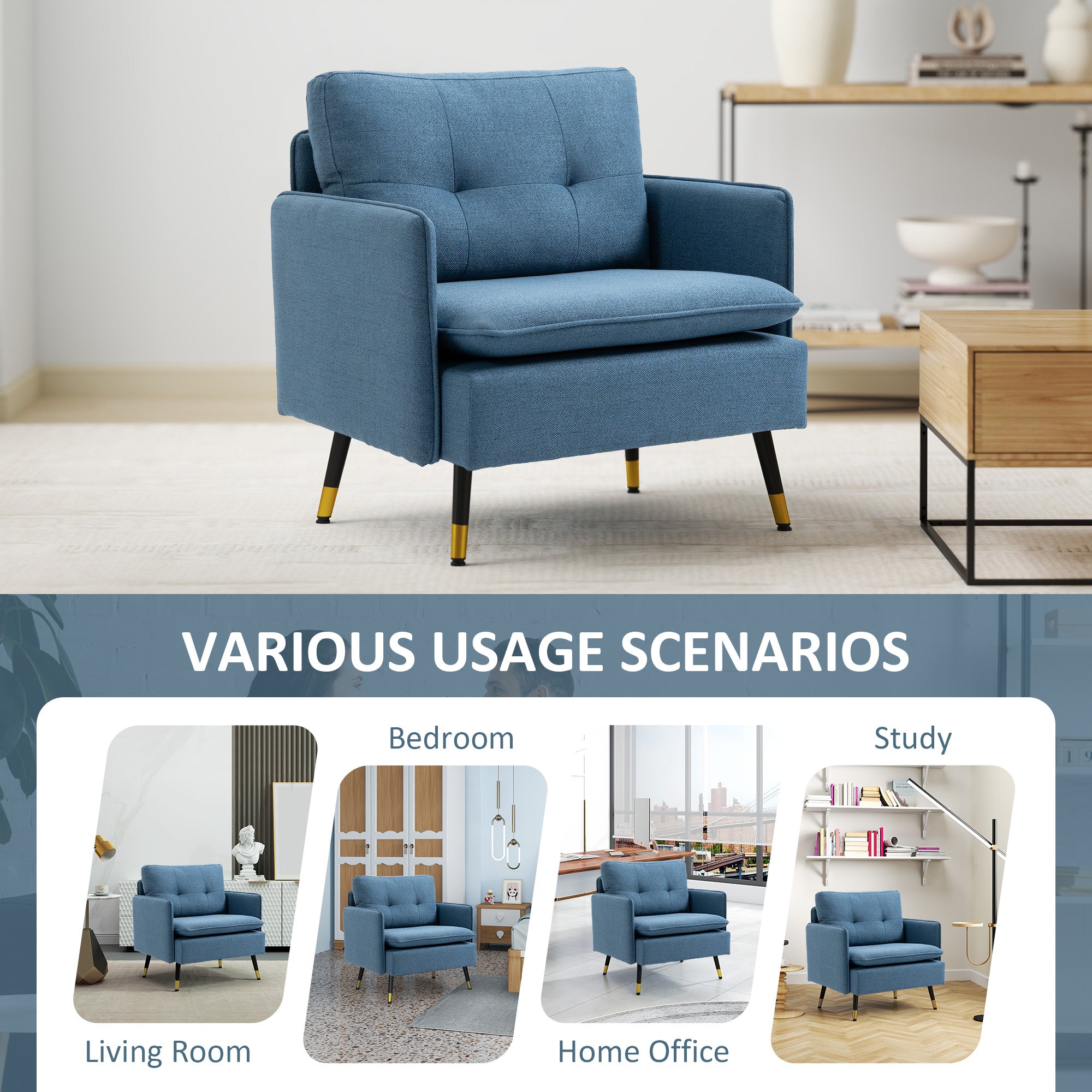 HOMCOM Modern One Seater Sofa, Button Tufted Armchair with Cushions and Steel Legs for Living Room, Guest Room, Dark Blue 