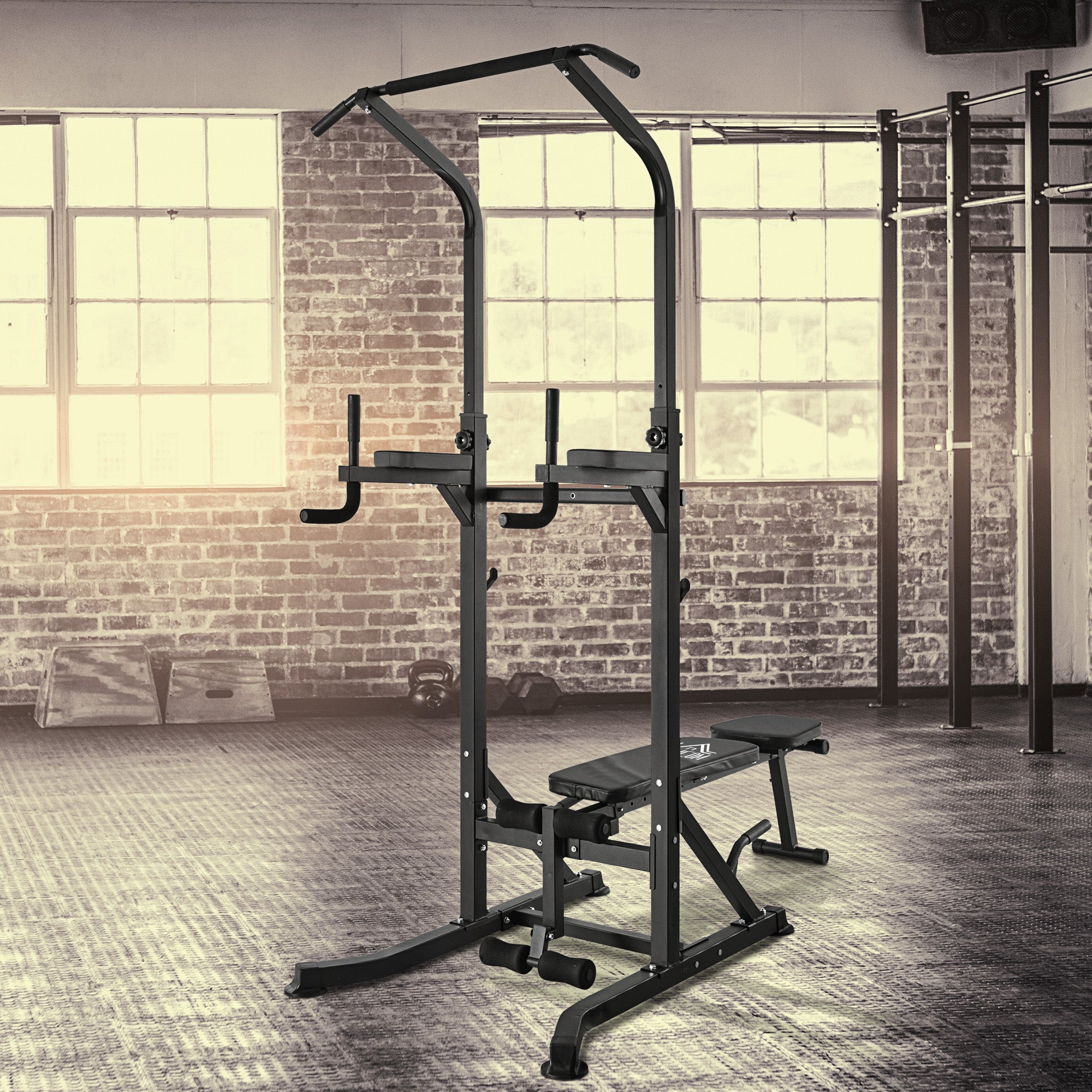 HOMCOM Pull Up Station with Adjustable Weight Bench, Dip Station and Barbell Rack, Multi-Function Power Tower Free Standing Pull Up Bar for Home Gym 