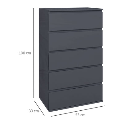 HOMCOM 5-Drawer Modern Dresser, High Gloss Storage Drawer Unit for Bedroom, Grey 