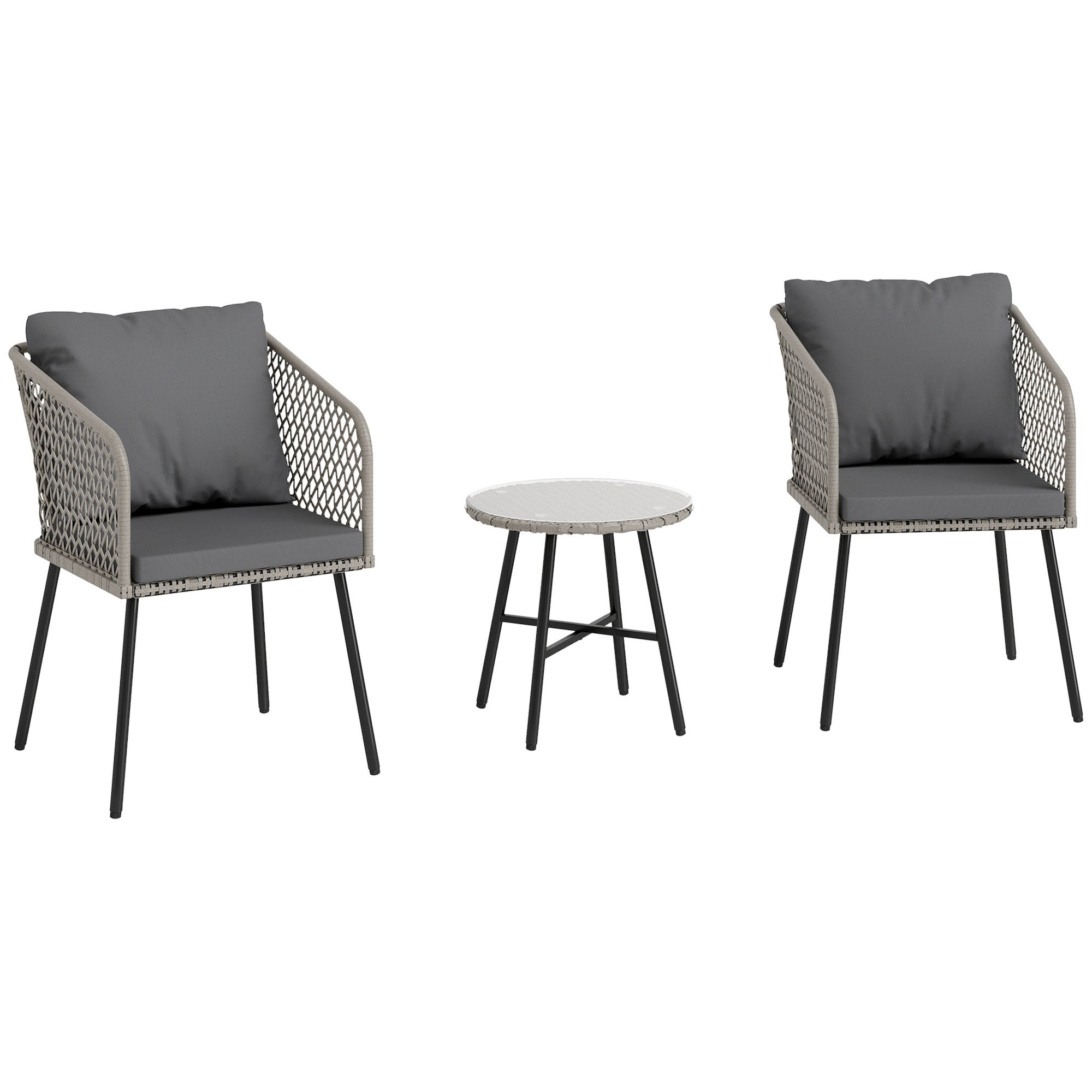 Outsunny 3 Piece Rattan Bistro Set with 2 Chairs, Tempered Glass Table, Cushions, Adjustable Foot Pads for Garden, Balcony, Grey