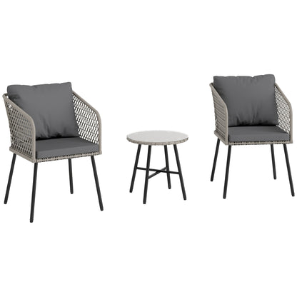 Outsunny 3 Piece Rattan Bistro Set with 2 Chairs, Tempered Glass Table, Cushions, Adjustable Foot Pads for Garden, Balcony, Grey