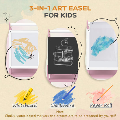 AIYAPLAY Three-In-One Easel for Kids, with Paper Roll, Adjustable Height - Pink 