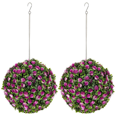 HOMCOM Set of 2 Decorative Artificial Plants, UV-protected Artificial Plant Topiary Rose Balls, Fake Plants for Home Indoor outdoor Decor, 28cm, Purple 