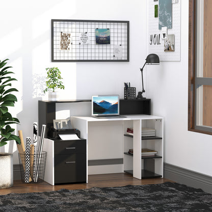 HOMCOM Computer Desk with Drawers and Storage Shelves, Reception Desk, Study Workstation for Home Office, 137 x 55 x 92cm, Black and White 