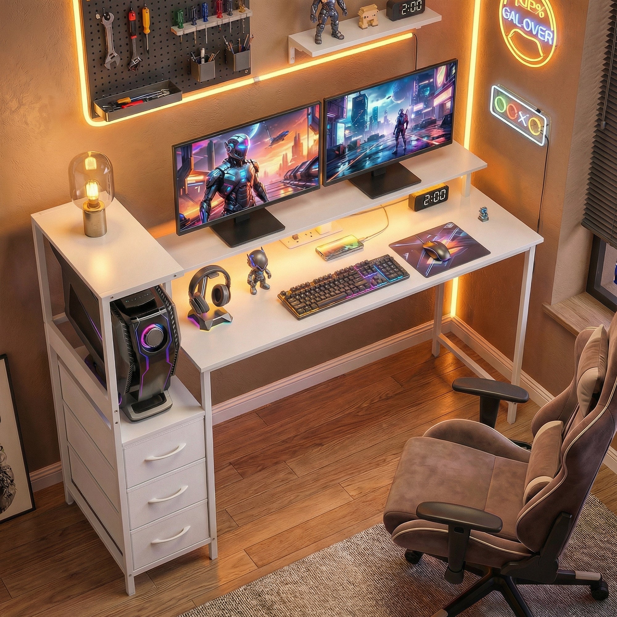 HOMCOM 147cm Gaming Desk with Charging Station and Monitor Stand, Computer Table for Home Office with RGB Lights, White 
