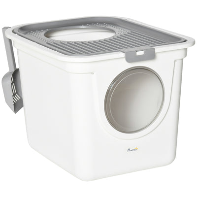 PawHut Cat Litter Box, Pet Toilet, Enclosed Kitten Pan with Front Entrance Top Exit, High Side, Scoop, White 