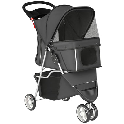 PawHut Dog Stroller, 3 Wheels Foldable Pet Stroller with Adjustable Canopy, Storage Basket for Small Mini Breeds, Dark Grey