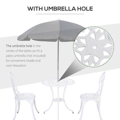 Outsunny 3 Piece Patio Bistro Set for 2, Outdoor Aluminium Garden Table and Chairs with Umbrella Hole for Balcony, White 