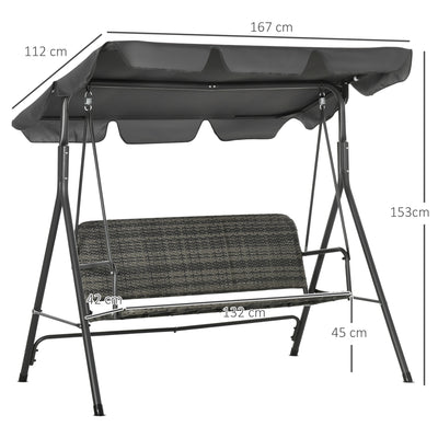 Outsunny 3-Seater Outdoor PE Rattan Swing Chair, Patio Wicker Hanging Swing Bench with Steel Frame Stand & Adjustable Canopy, Grey 