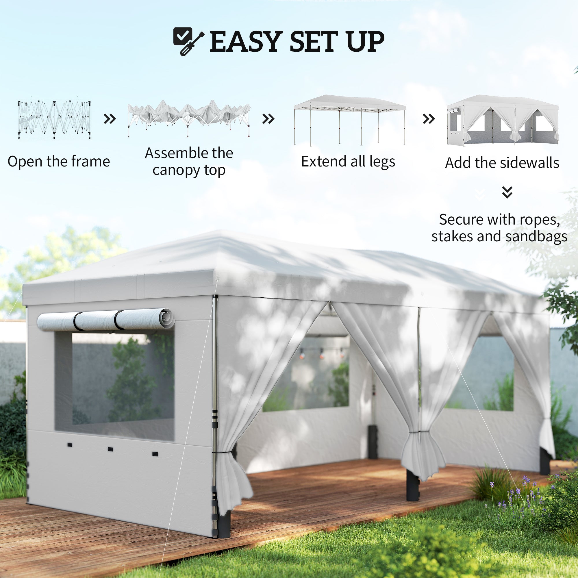 Outsunny 3 x 6 m Pop Up Canopy with UV50+ Protection Garden Gazebo with 6 Sidewalls, White 