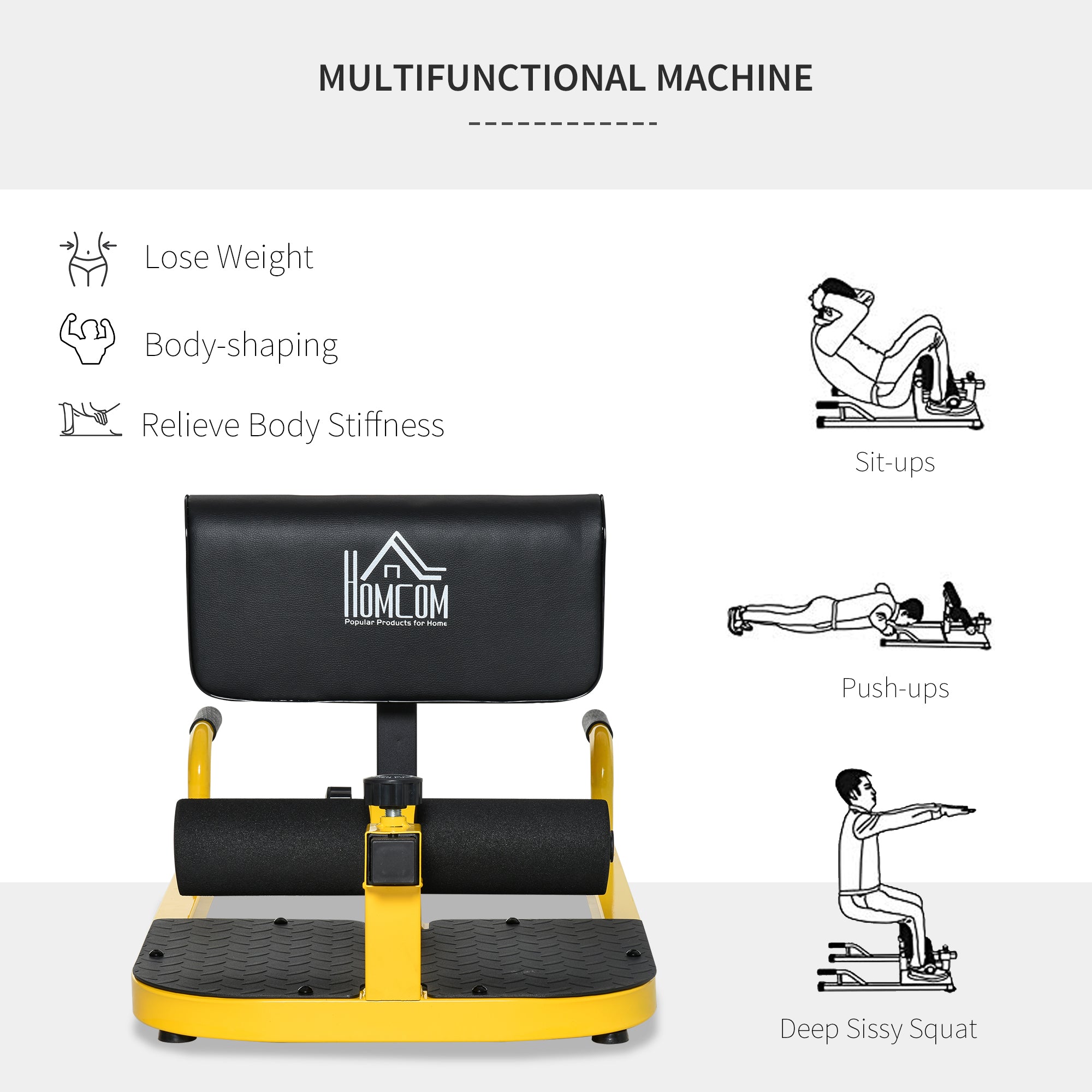 HOMCOM Squat Machine with Push Up Stand, Padded Hip Thrust Bench with Adjustable Cushion for Home Gym Work Out, Yellow 