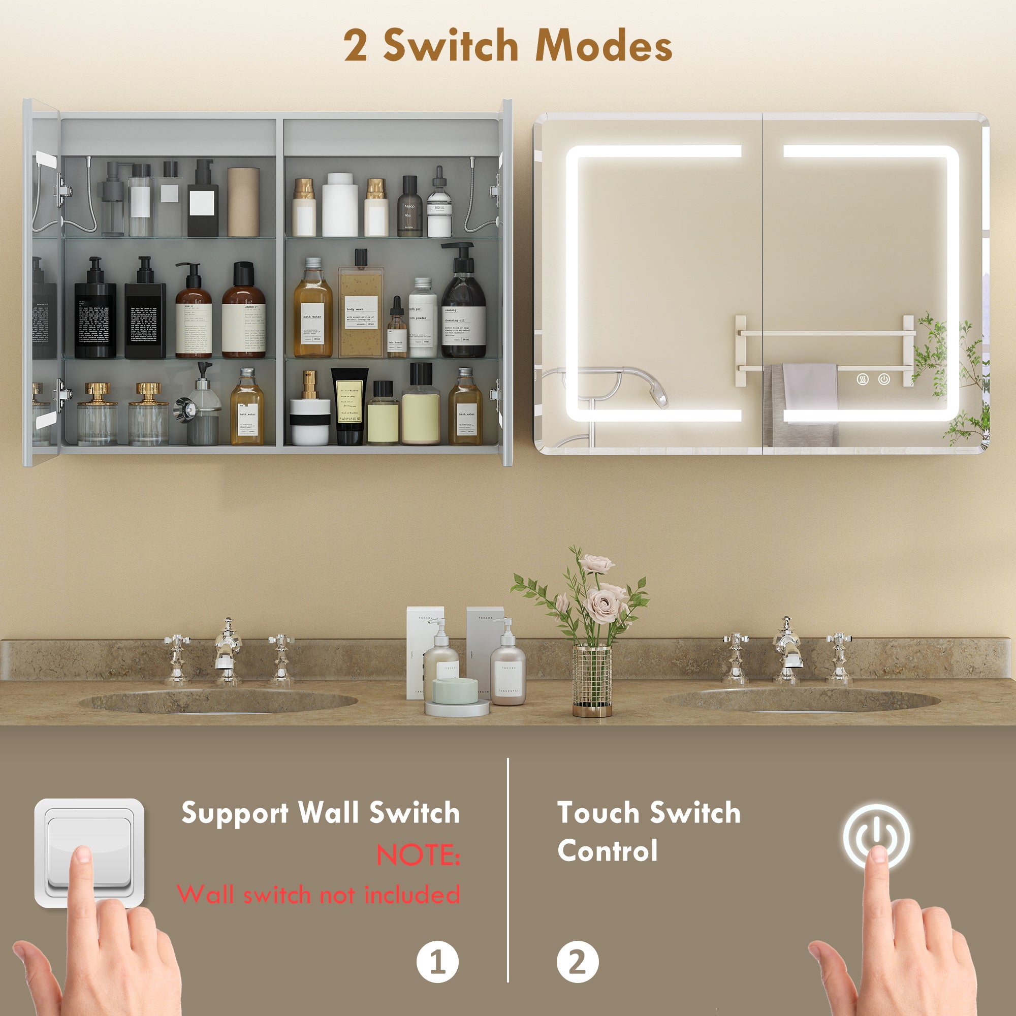 HOMCOM Mirrored Bathroom Cabinet with LED Lights, 60 x 80 cm Bathroom Mirror Cabinet with Anti-Fog, 3 Colour Dimmable Lighting 