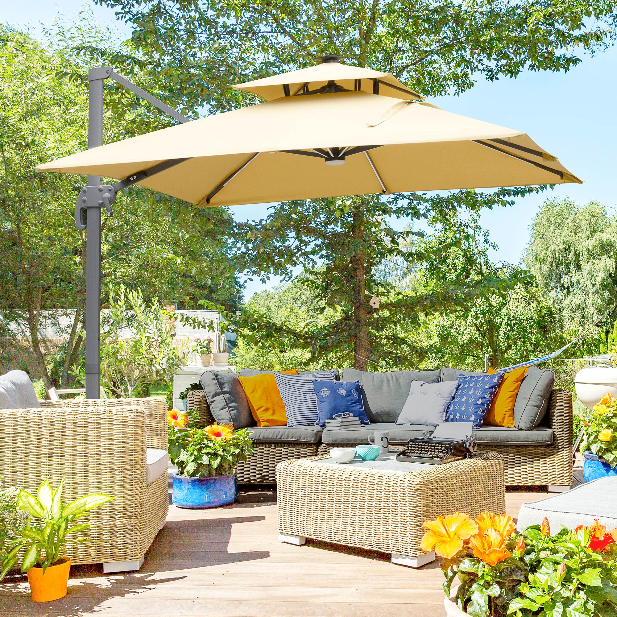 Outsunny 3m Cantilever Parasol, Outdoor Offset Patio Umbrella, Solar LED Lighted Hanging Sun Shade Canopy with Tilt and Crank Handle, Cross Base for Lawn, Khaki 