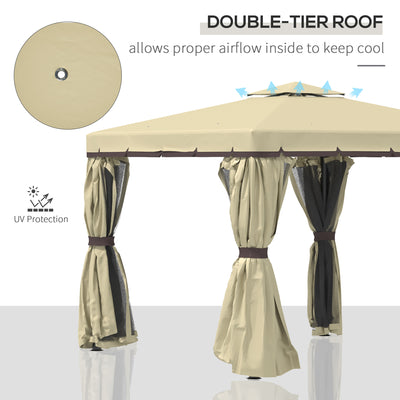 Outsunny 3 x 3(m) Patio Gazebo Canopy Garden Pavilion Tent Shelter with 2 Tier Water Repellent Roof, Mosquito Netting and Curtains, Aluminium Frame, Beige 
