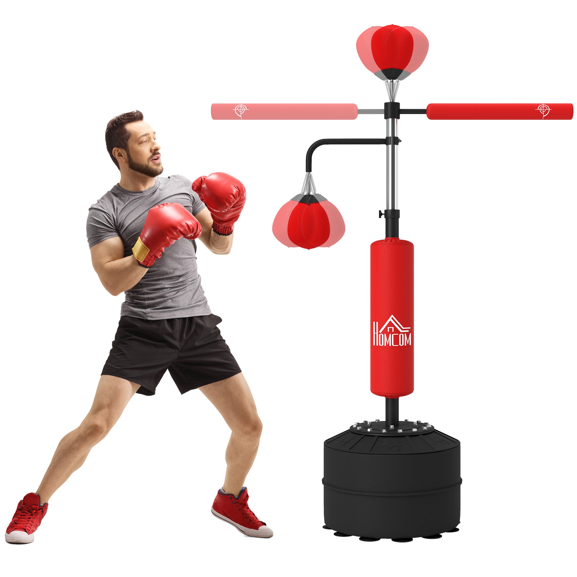 HOMCOM 3-in-1 Boxing Punching Bag, Freestanding with 2 Speed Bals, 360\'c2\'b0 Reflex Bar, 160-230cm Adjustable Height, Red