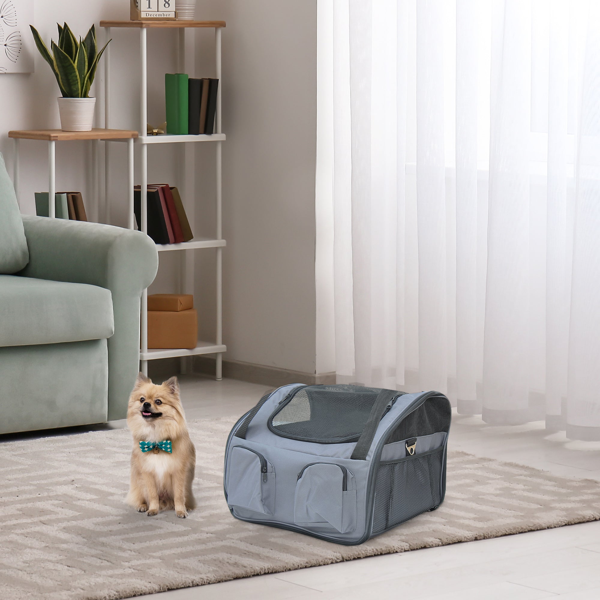 PawHut Pet Carrier Folding Bag Car Seat Cat Dog Puppy Kennel Portable Travel Cage Tote Case Mesh Holder House Grey 