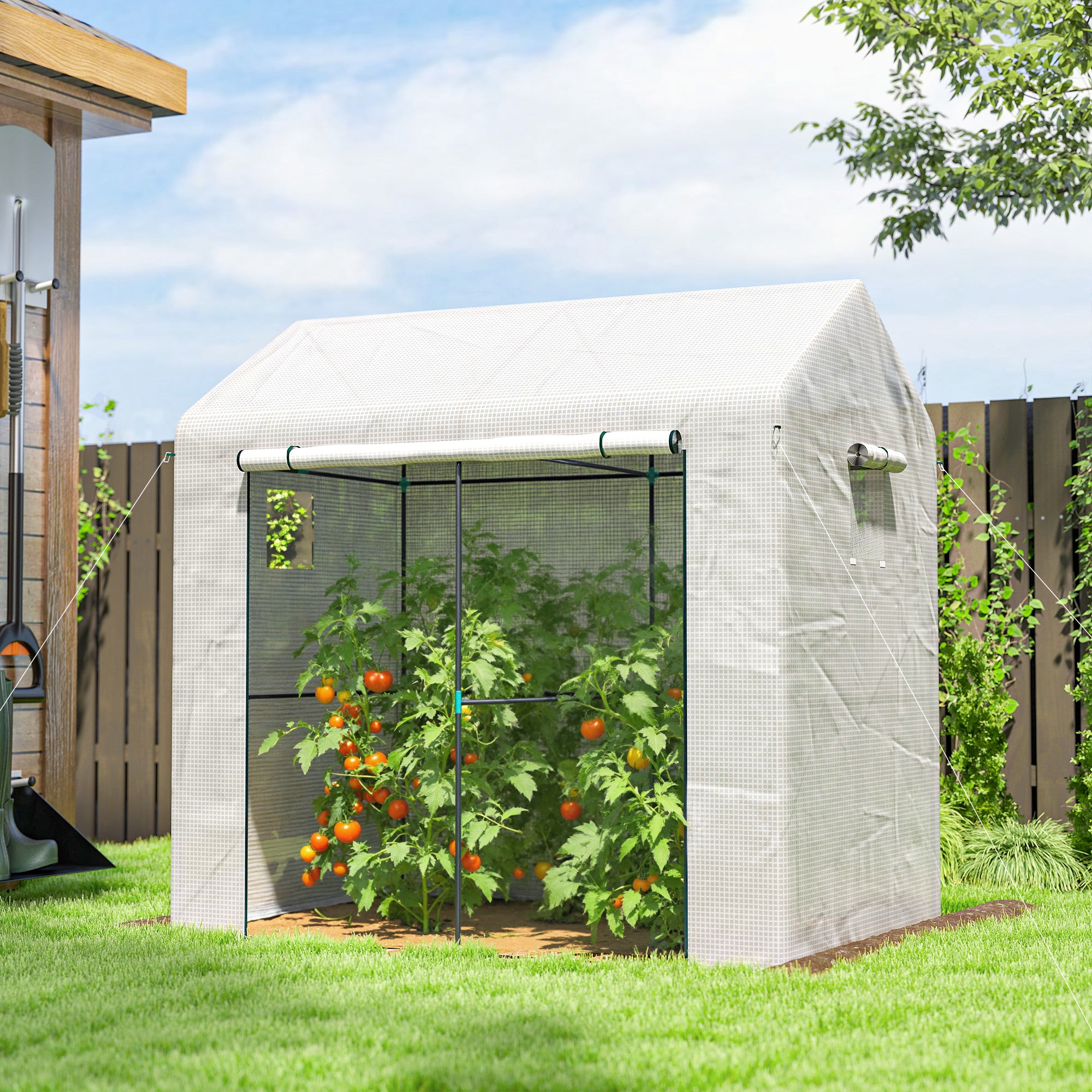 Outsunny Walk-in Greenhouse, Outdoor Tomato Greenhouse with Roll-up Door and Mesh Windows, PE Cover, 200 x 140 x 200cm, White 