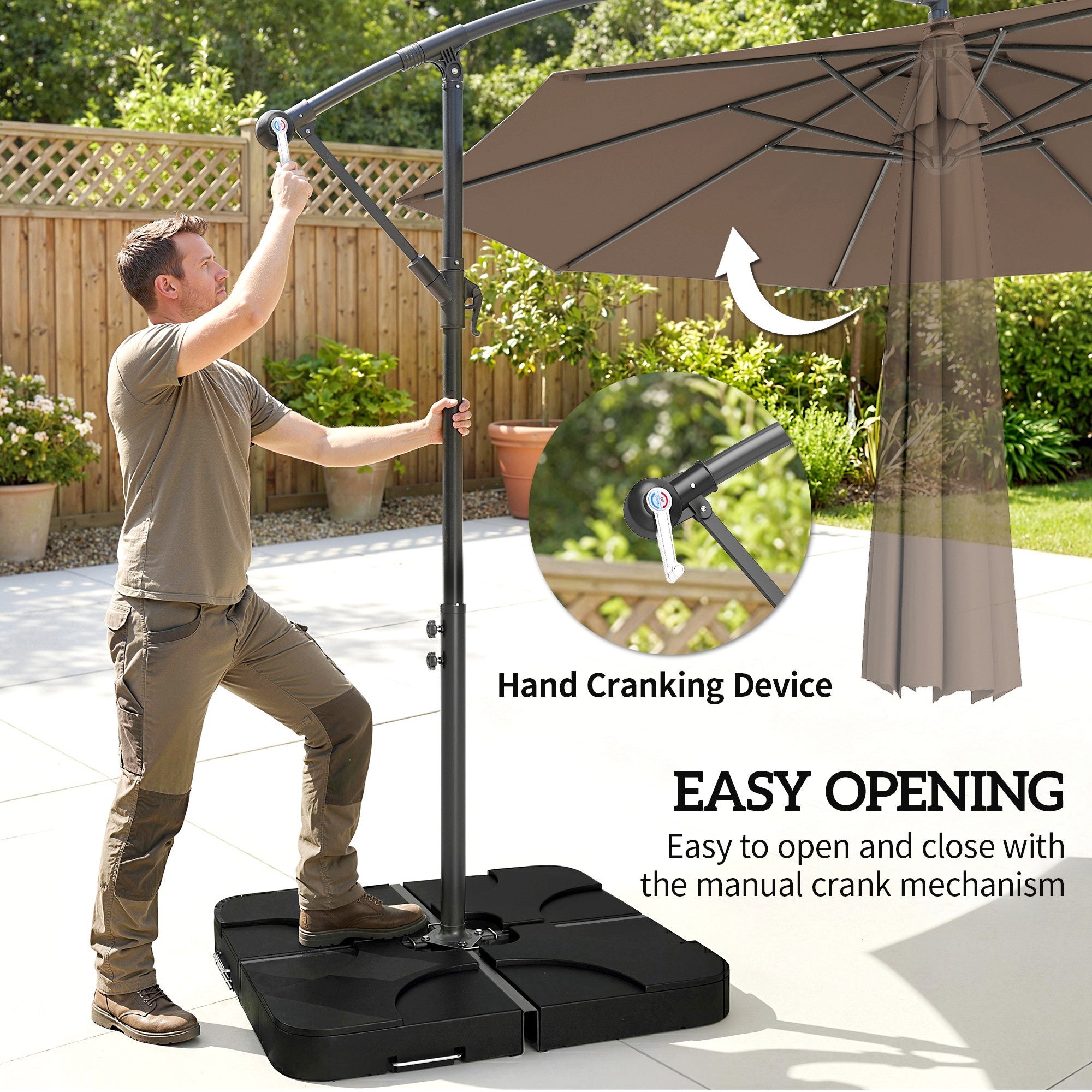 Outsunny 3m Overhanging Parasol, with Base, Weights and Cover - Coffee 