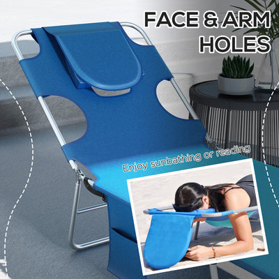 Outsunny Foldable Sun Lounger Set of 2 with Reading Hole, Portable Sun Lounger with 5 Level Adjustable Backrest, Reclining Lounge Chair with Side Pocket, Headrest Pillow, Blue 