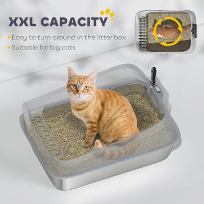 PawHut XXL Stainless Steel Cat Litter Box with High Sides, Metal Scoop, 70 x 50 x 30 cm 