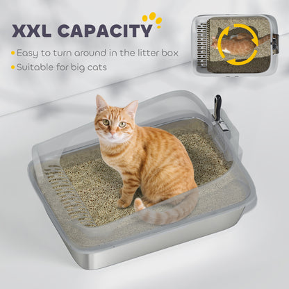 PawHut XXL Stainless Steel Cat Litter Box with High Sides, Metal Scoop, 70 x 50 x 30 cm