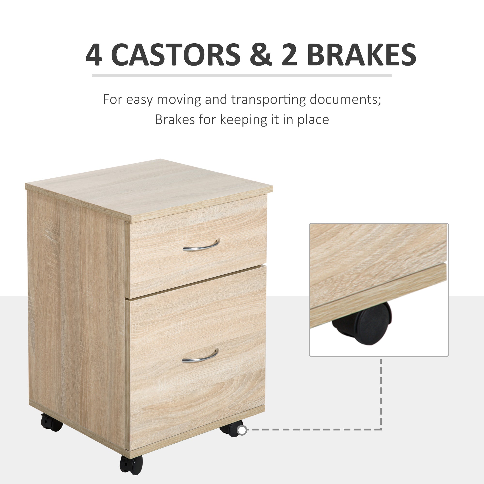 HOMCOM Two Drawer Filing Cabinet with Wheels- Oak 