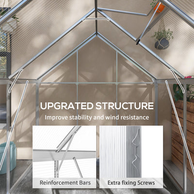 Outsunny 6 x 6ft Walk-In Greenhouse, Polycarbonate Greenhouse with Sliding Door, Window, Aluminium Frame, Foundation, Silver 