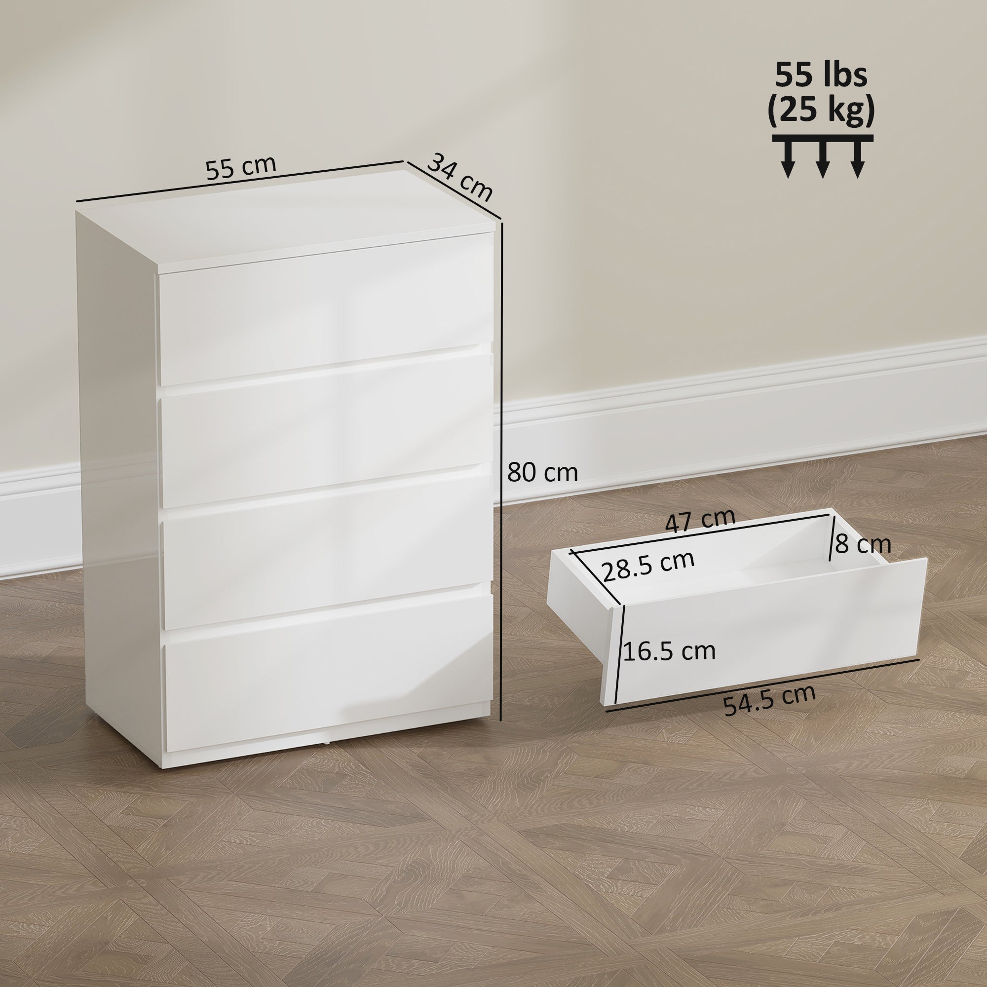 HOMCOM High Gloss Chest of Drawers, 4-Drawer Storage Cabinets, Modern Dresser for Bedroom, White 