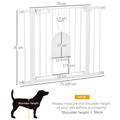PawHut Dog Gate with Cat Flap Pet Safety Gate Barrier, Stair Pressure Fit, Auto Close, Double Locking, for Doorways, Hallways, 75-103 cm White 