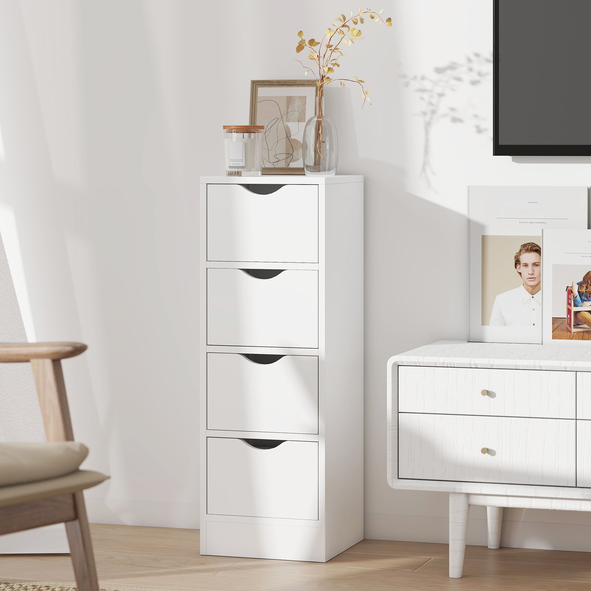 HOMCOM 4-Drawer Bathroom Cabinet, Freestanding Narrow Storage Cabinet with Groove Handles for Small Spaces, White 
