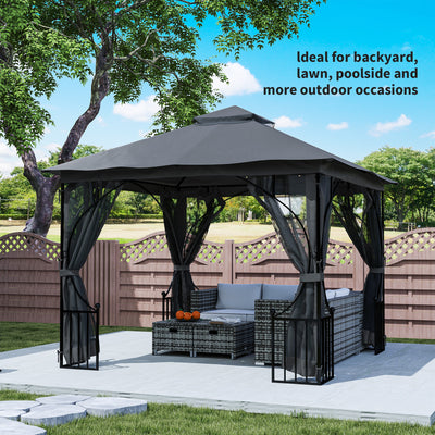 Outsunny 3 x 3(m) Garden Gazebo Patio Party Tent Shelter Outdoor Canopy Double Tier Sun Shade Metal Frame Netting, Dark Grey 