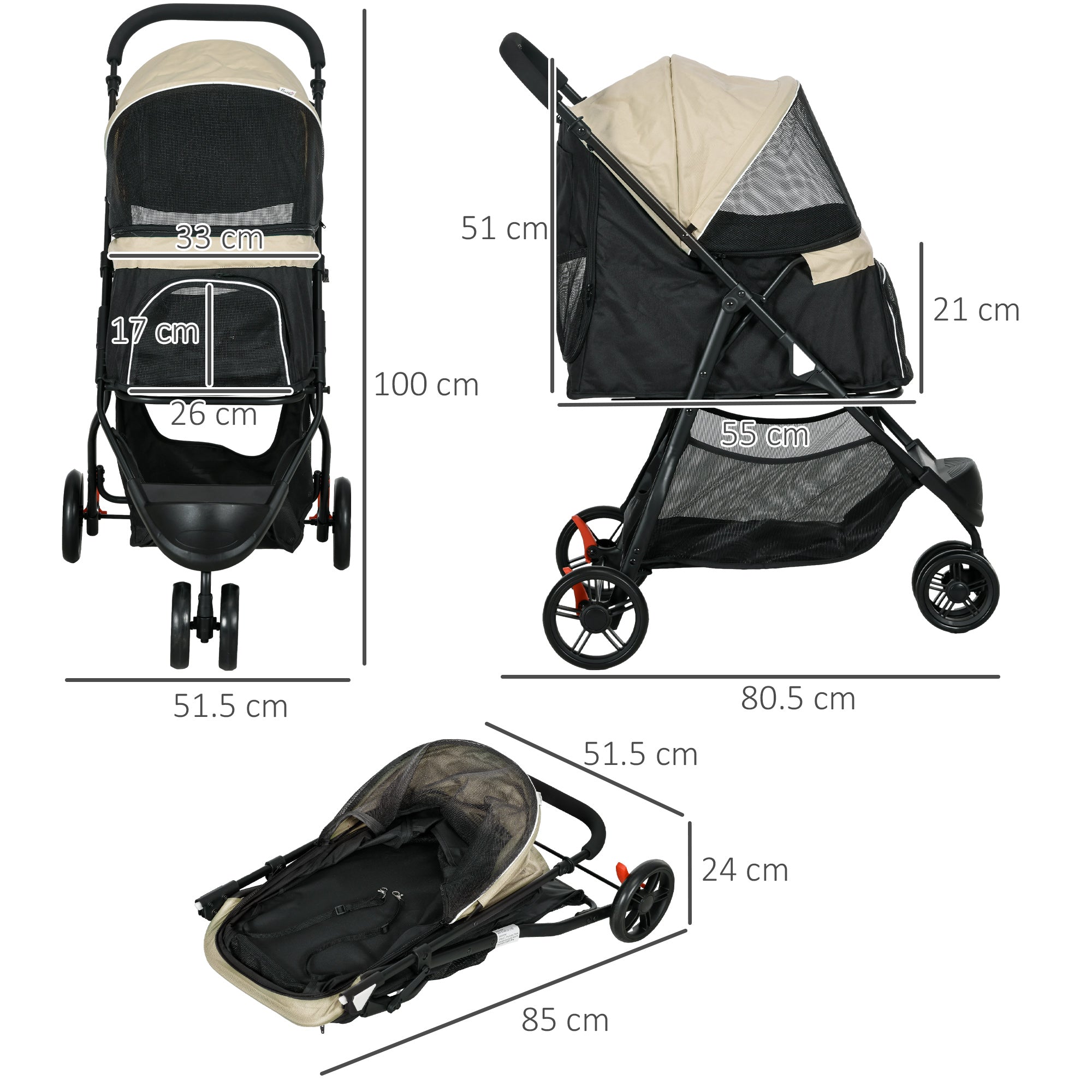 PawHut Foldable Pet Stroller w/ Rain Cover, for XS Dogs, S Dogs - Khaki 