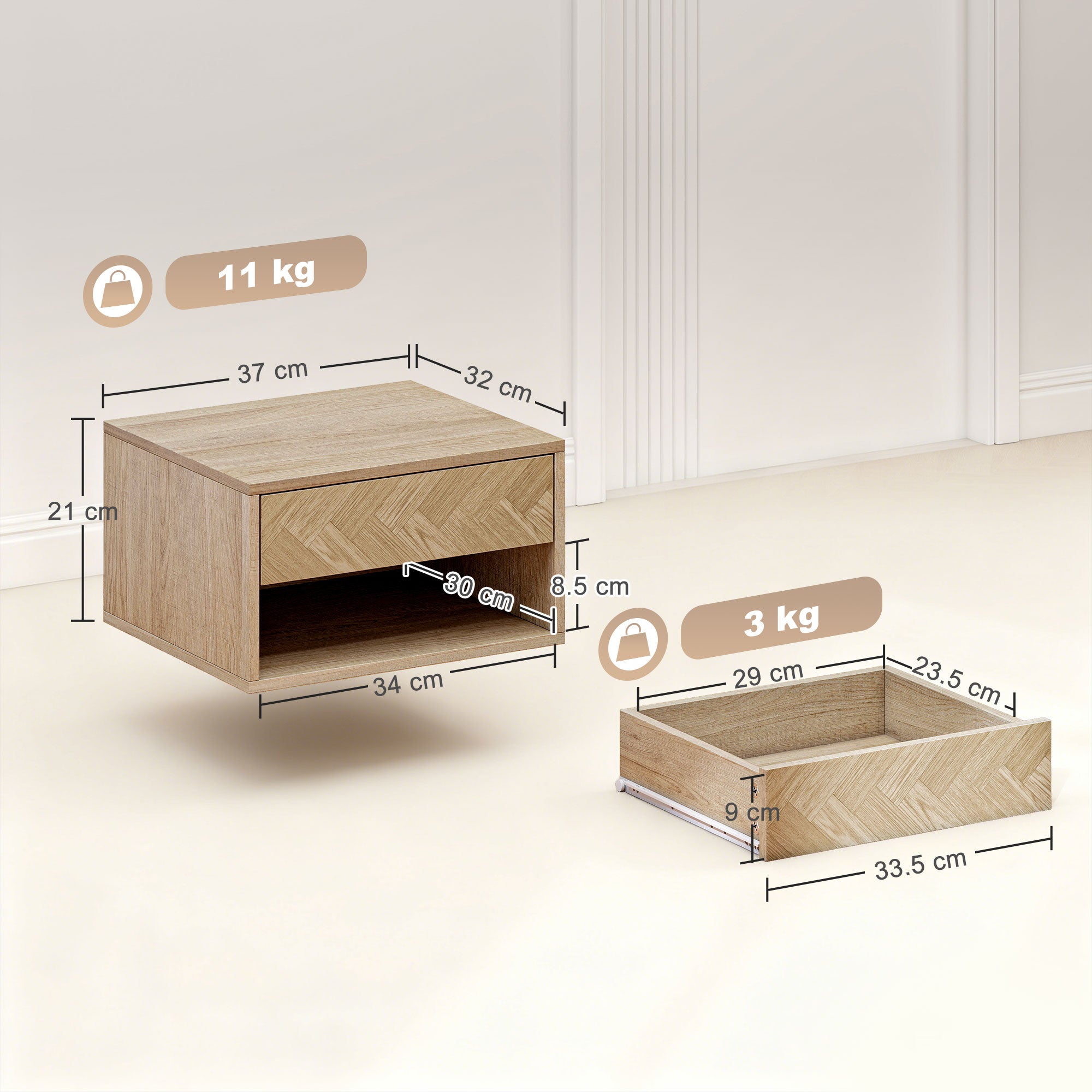 HOMCOM Set of Two Floating Bedside Tables - Natural Wood Finish 
