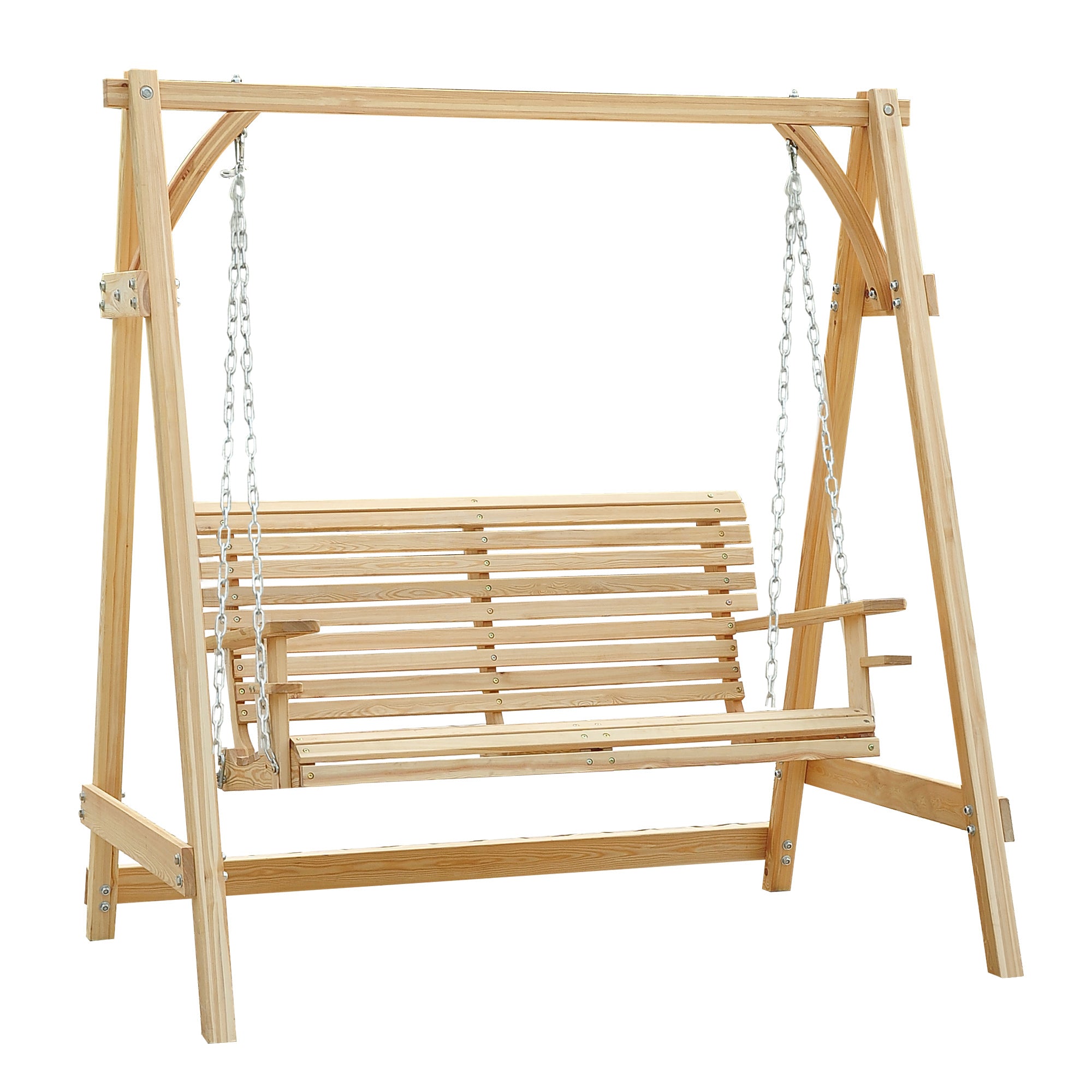 Outsunny 2 Seater Garden Swing Seat Larch Wood Swing Chair Hammock Bench Lounger - Natural 