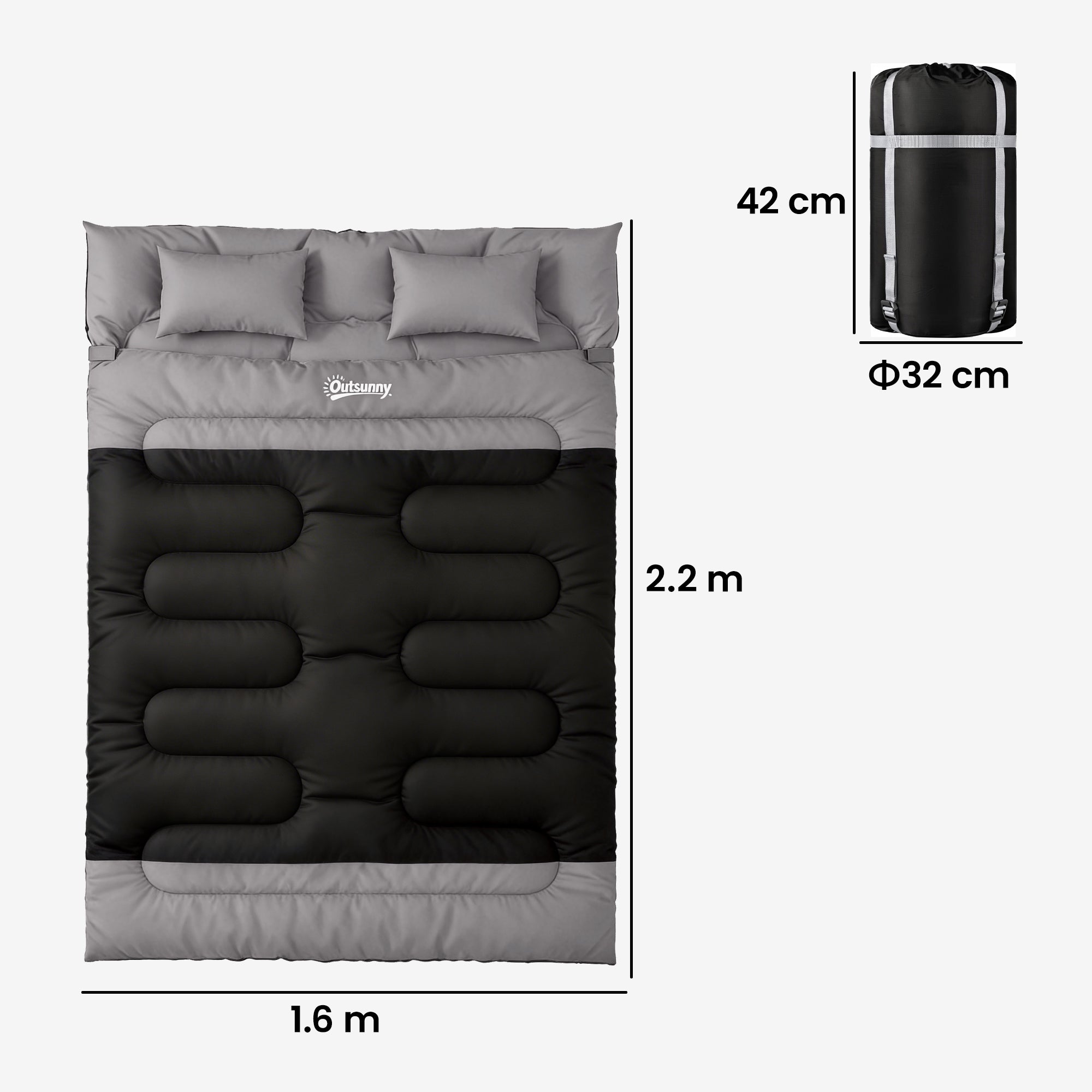 Outsunny Double Sleeping Bag with 2 Pillows, 220 x 160 cm Extra-Large Sleeping Bag for Adults, Black and Grey 