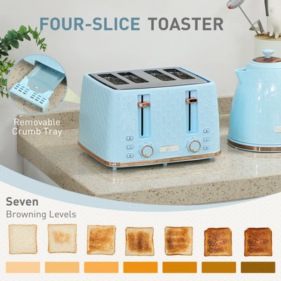 HOMCOM Kettle and Toaster Set, 1.7L 3000W Fast Boil Jug Kettle, 4 Slice Toaster with 7 Level Browning Controls, Light Blue 
