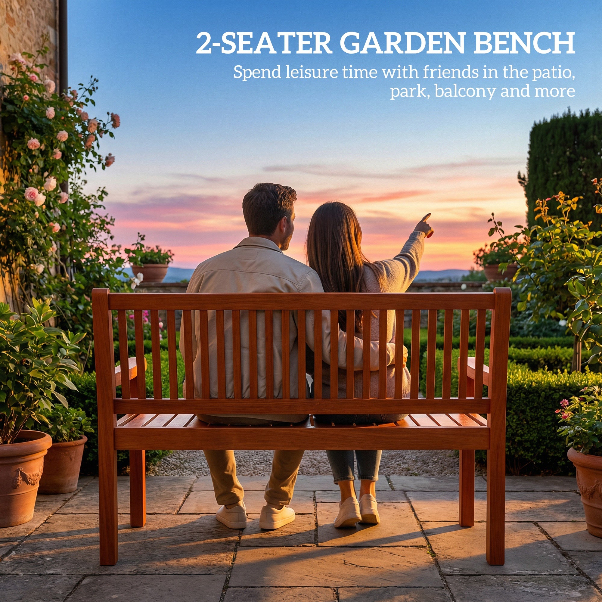 Outsunny Garden Bench 2 Seater, Wooden Outdoor Bench with Waterproof Cover, Garden Seat with Ergonomic Backrest 