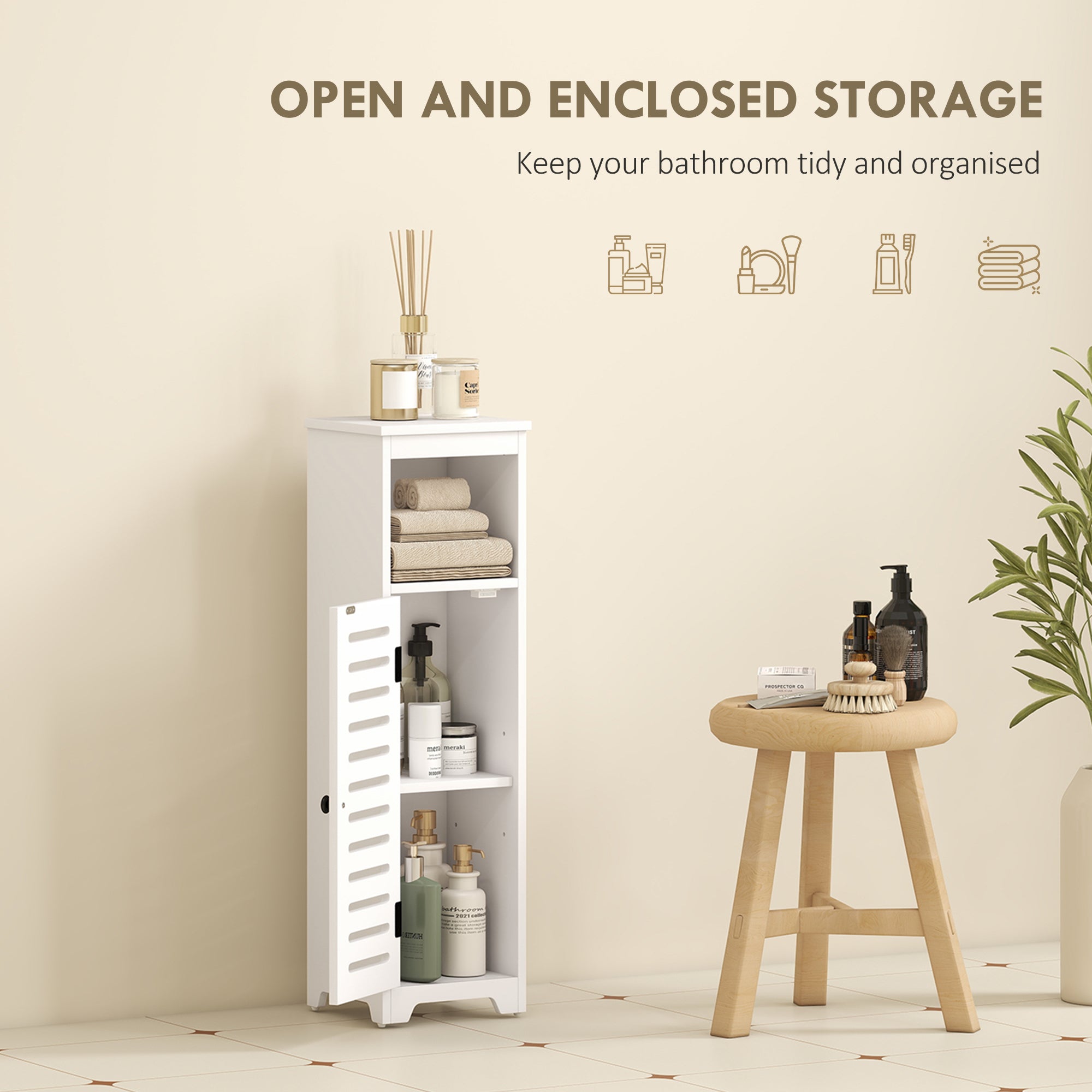 HOMCOM Bathroom Floor Cabinet, Bathroom Storage Unit with Louvered Door, Open Shelf, Adjustable Shelf, White, 22 x 20 x 75 cm 