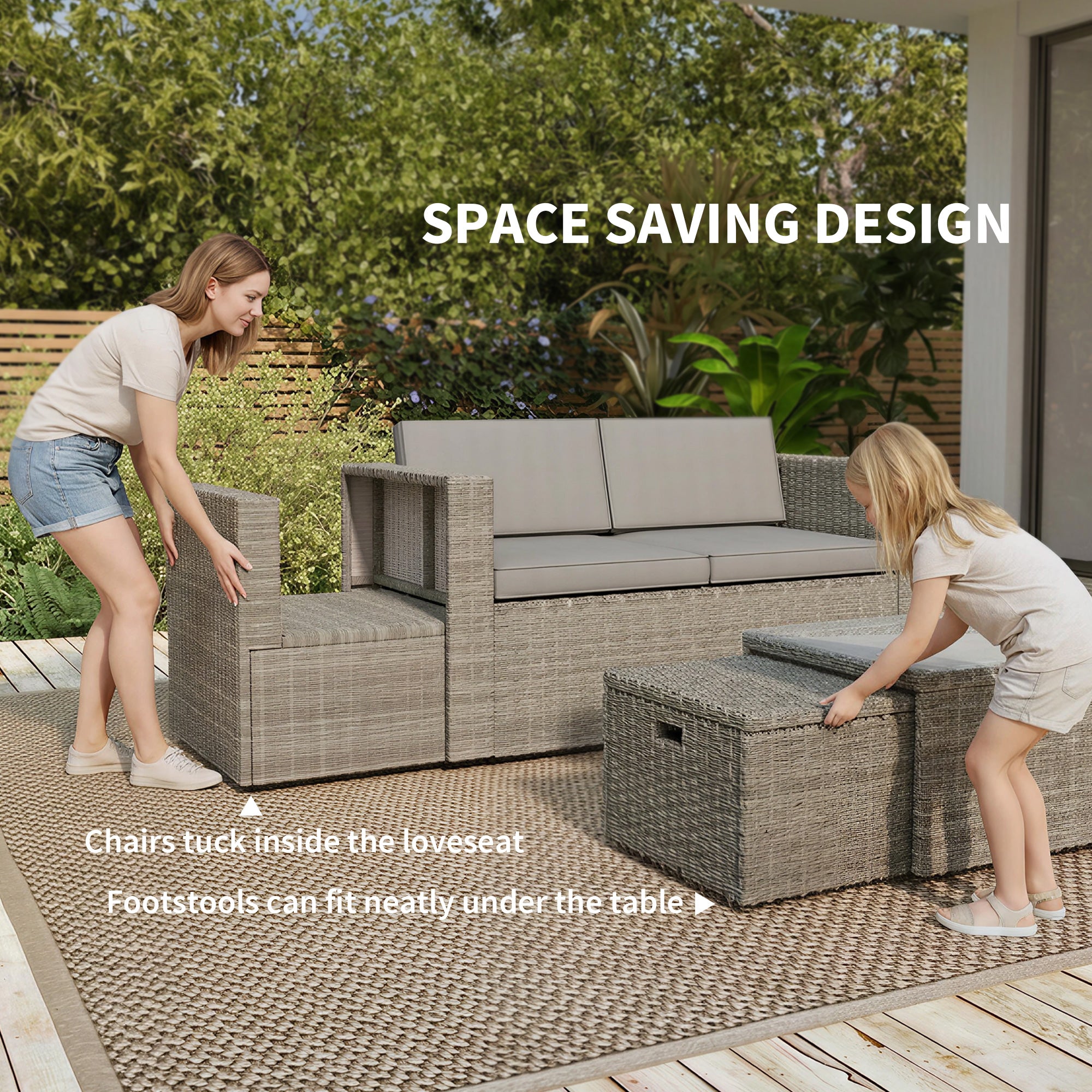 Outsunny 6 Piece Rattan Garden Furniture Set, Nesting Patio Conversation Set with Loveseat, Chairs, Table, Footstools, Dark Grey 