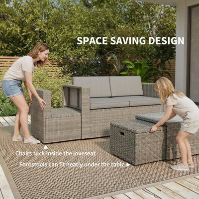 Outsunny 6 Piece Rattan Garden Furniture Set, Nesting Patio Conversation Set with Loveseat, Chairs, Table, Footstools, Dark Grey 