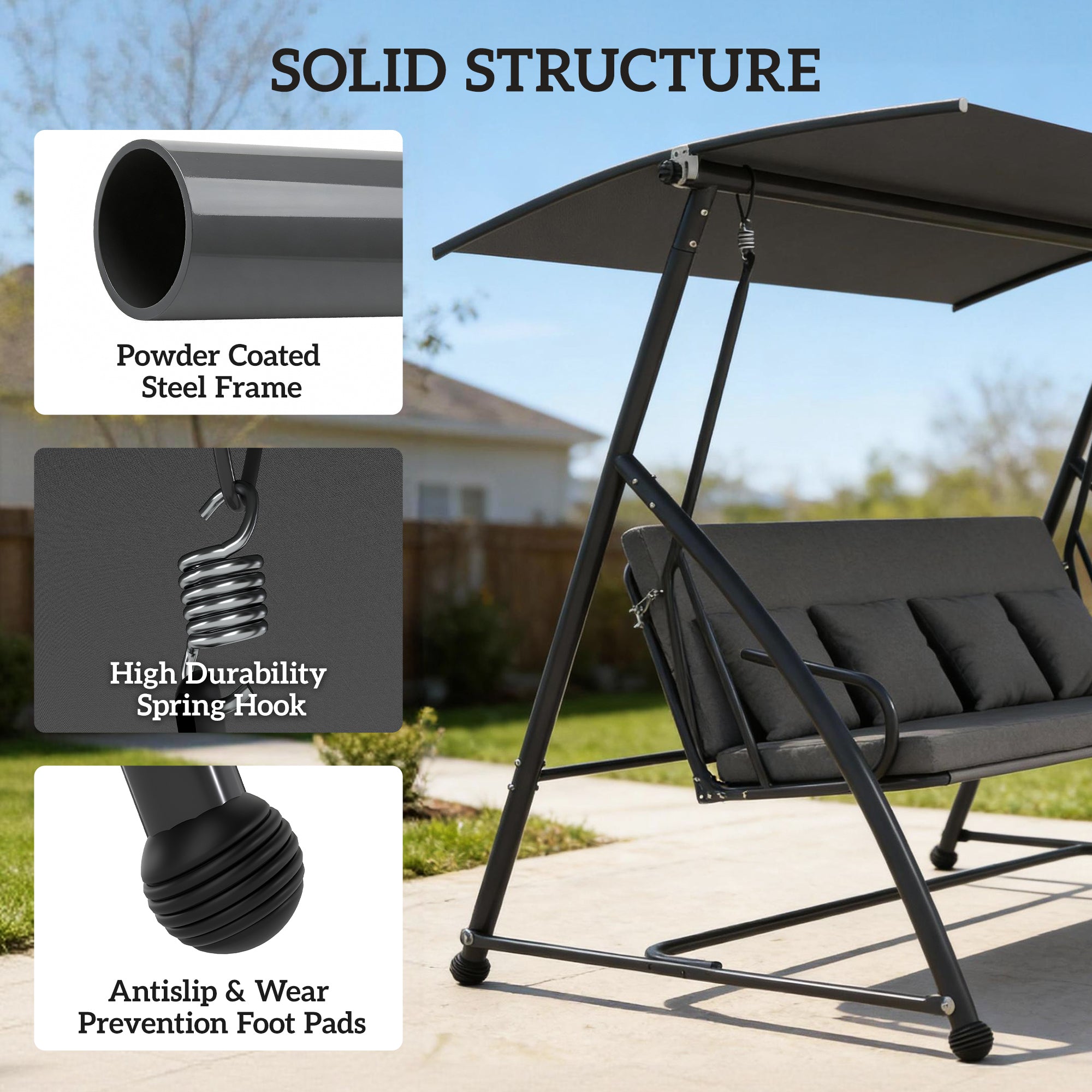 Outsunny Outdoor 2-in-1 Swing Chair Lounger 3 Seater Garden Swing Seat Bed Convertible Tilt Canopy W/ Cushion, Dark Grey 