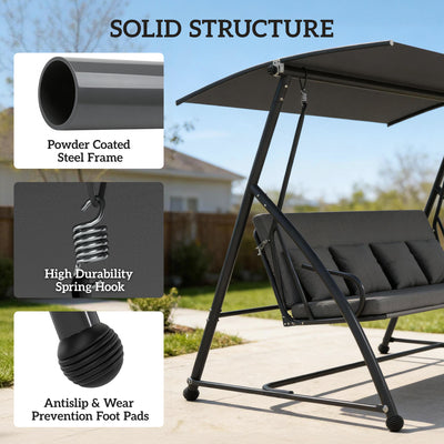 Outsunny Outdoor 2-in-1 Swing Chair Lounger 3 Seater Garden Swing Seat Bed Convertible Tilt Canopy W/ Cushion, Dark Grey 