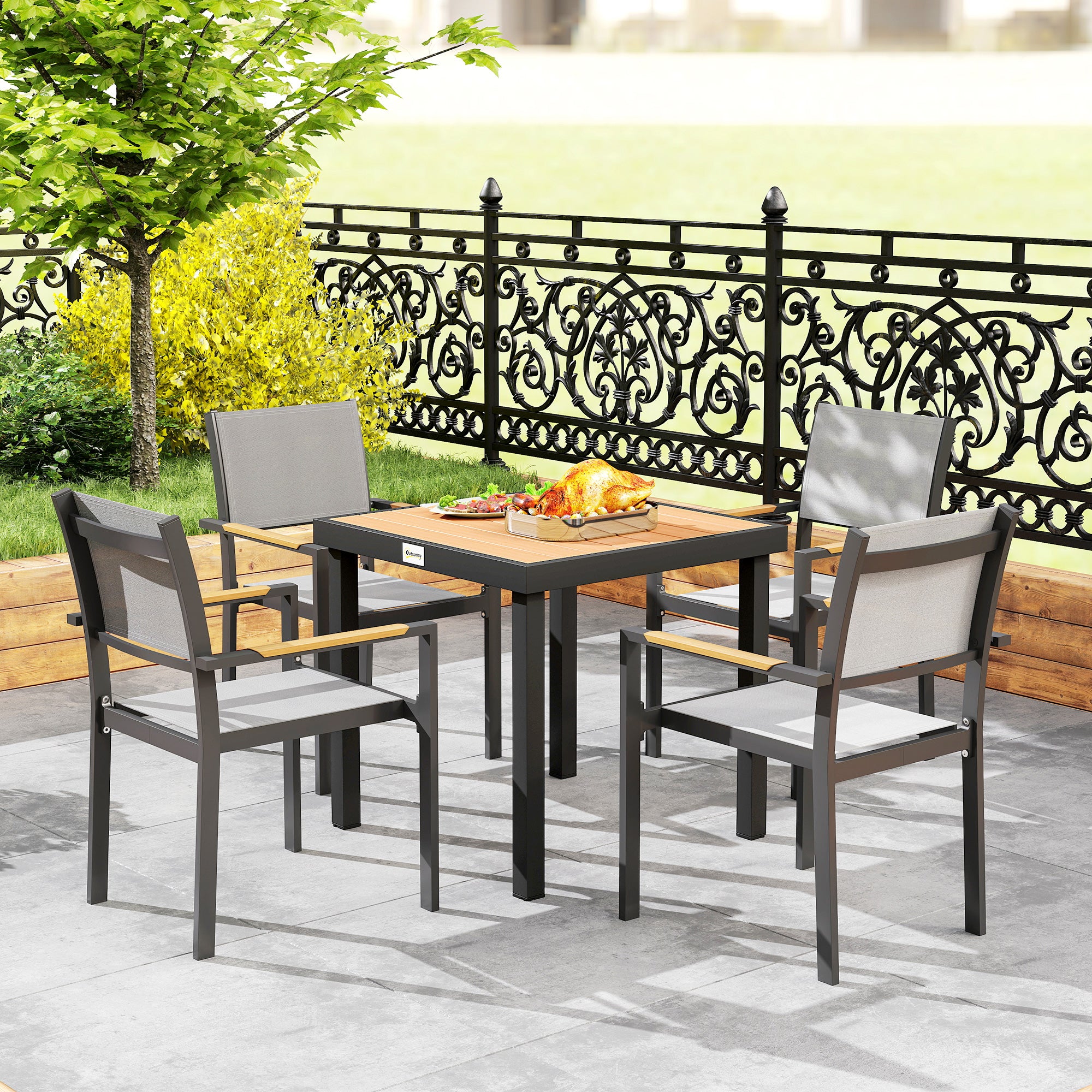 Outsunny 78 cm Garden Dining Table for 4 People, Square Outdoor Coffee End Side Table with Aluminium Legs, Natural Wood Finish 